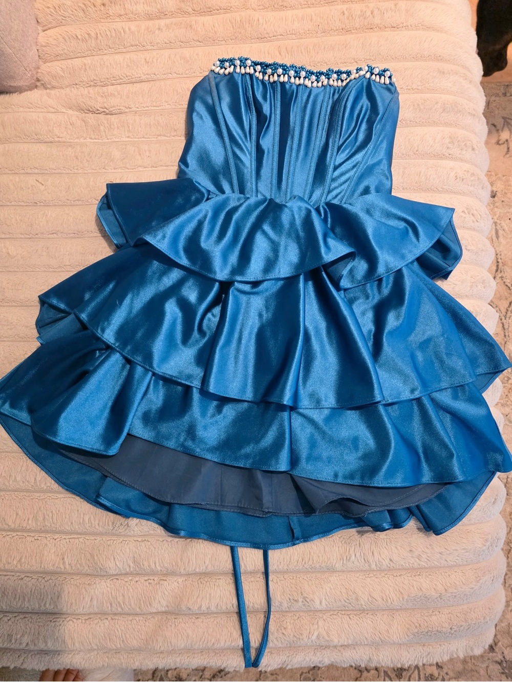 STACEES Peacock Strapless Tiered Ruffle Satin Dress with Beaded pearl Neckline